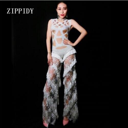 Fashion Women Fashion Lace Rhinestones Tassel Stage Rompers Leggings Costume Stretch Bodysuit Nightclub Outfit Bar Wear