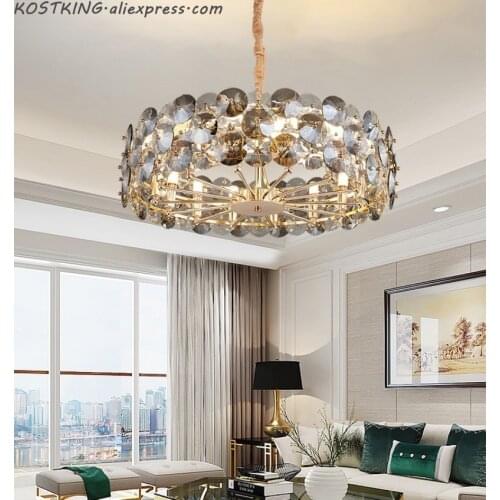 New Modern Chandelier Lighting For Living Room Smoke gray Crystal Lamps Round Chains Chandeliers Home Decoration Light Fixtures