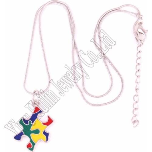 New Arrival Autism Hope Jewelry hand applied Multi-Colored enamel Autism Awareness puzzle Piece charm with Snake Chain necklace