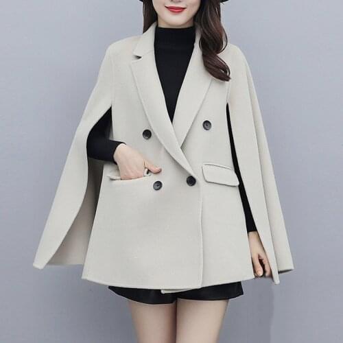 2021 Autumn Winter New Ponchos And Capes Coat Women Notched Double Breasted Cloak Slim Woolen Blends Overcoat Jacket
