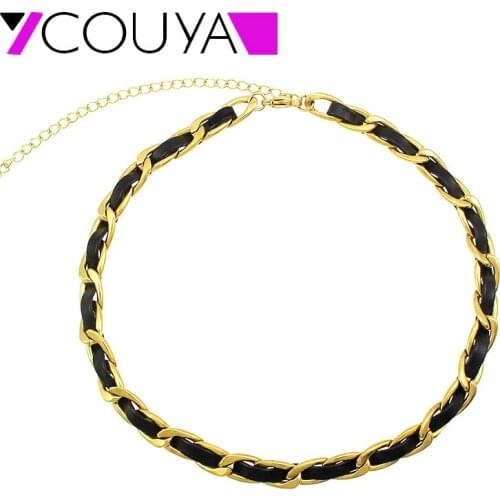 New Fashion Handmade Black Leather Link Chain Necklace For Women Cool Chain Necklace Jewelry Stainless Steel