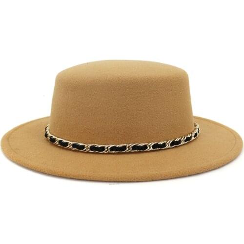Chain fedora hat British felt retro flat top hat flat brim top hat woolen hat retro top hat black top hat кепка мужская