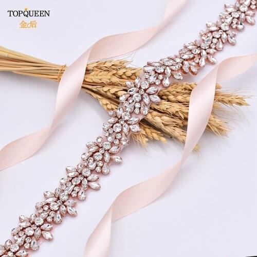 TOPQUEEN Wedding Sash Belts Wedding Guest Dress Rhinestone Sashes Pink Belt Bridesmaid Belt Rose Gold Bridal Sashes S269-RG
