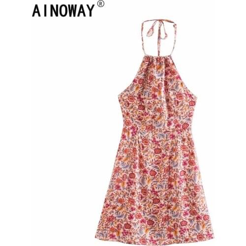 Vintage chic women floral print sleeveless halter Bohemian mini dress Ladies Summer rayon cotton Boho dress vestidos