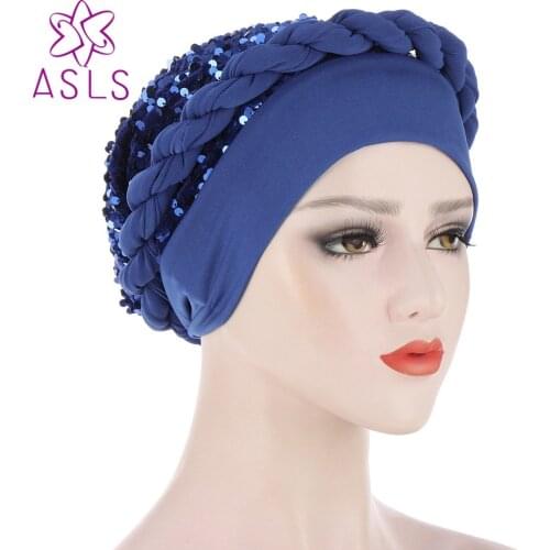 High Quality Fashion Elegant Multicolor Flat Brim Forehead Sequin Braid Hhat Muslim Scarf Hat India Cap Women Turban