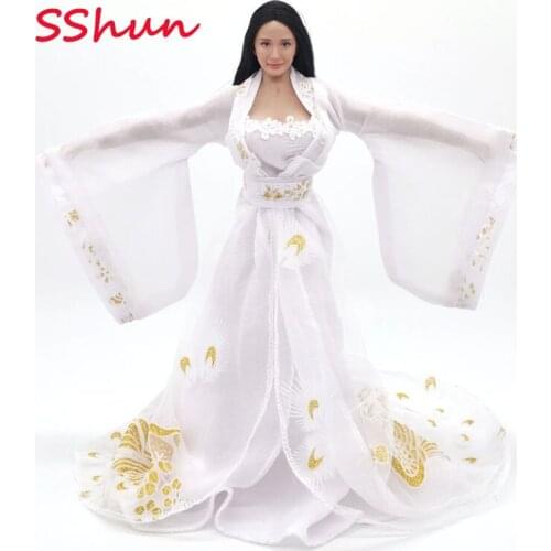 1/6 Scale Female white embroidered long skirt soldier ancient clothes Model For 12'' Action Figure steel-bone breasts and plast