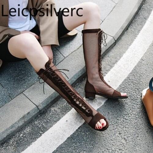 Womens Boots summer new style Fish mouth Open toe Lace-up Mesh Thick heel mid heel High tube Womens shoe plus size 28-43