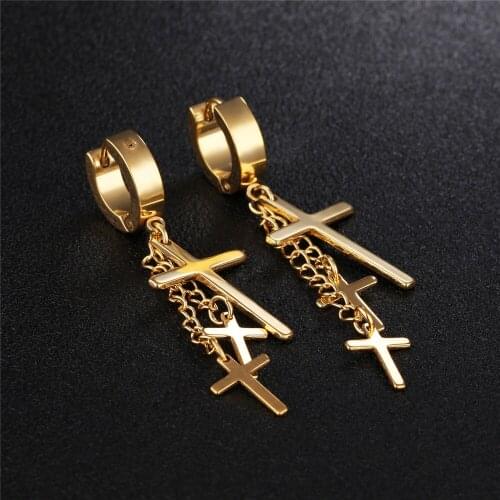 Hot Luxury Trendy Stainless Steel Gold Black Silver Color Cross Shape Hoop Drop Earrings New Fashion Jewelry Earrings for Women