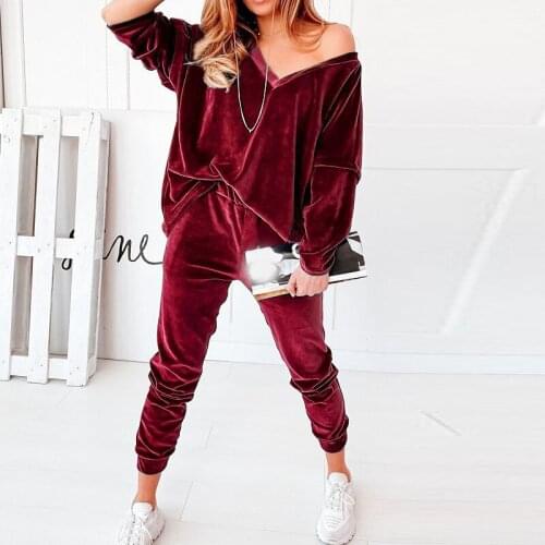 Autumn Velvet Tracksuits Women Sexy V Neck Pullover Sweatshirt And Harem Pants Two Piece Sets Loose Elegant Ladies Suits
