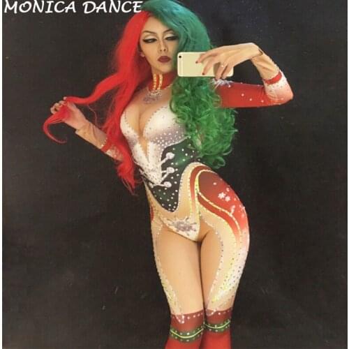 Women Men Sexy Stage Christmas Dance Bodysuit Sparkling Crystals Jumpsuit Christmas Nightclub Stage Costume for Singer Costumes