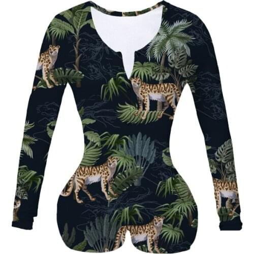 Women Custom Made Leopard and Tropics Sublimation Print Summer Long Sleeves Onesie