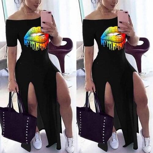 2021 Summer Sexy Big Rainbow Lip Off The Shoulder Slash Neck Maxi Dress Women Short Sleeve Bodycon Large Size Elegant Dresses