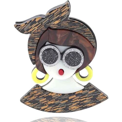 2021 New Design Cartoon Lovely Girl With Glasses Brooches For Women Big Acrylic Brooch Lapel Pins Fashion Party Jewelry Gifts