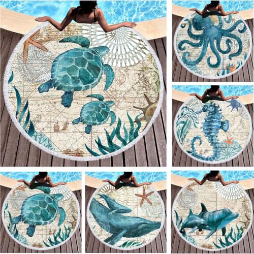 Free shipping Novelty Gift Sea Horse Whale Octopus Turtle Pattern Blue Fringe Tassel Large Spa Sauna Swim Bath beach towel Throw