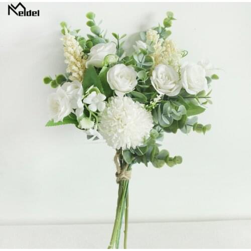 Meldel Wedding Flower Bouquet Artificial Silk Rose Lucky Ball Flower Home Wedding Decor Bride Bouquet Forest Style Eucalyptus