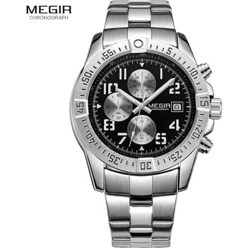 Megir Mens Chronograph Stainless Steel Quartz Watches Fashion Waterproof Luminous Round Dial Wristwatch for Man with Date M2030