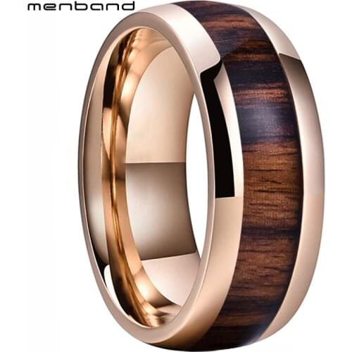 Rose Ring Men Women Tungsten Carbide Ring Dome Band With Real Wood Inlay 8MM Comfort Fit