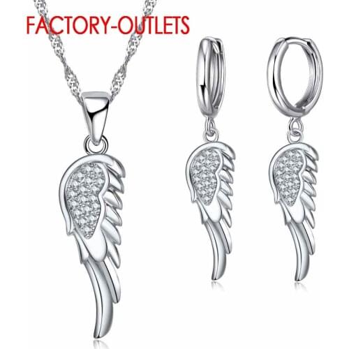 Trendy Pendant Necklace Hoop Earrings Jewelry Set 925 Sterling Silver Feather Design Lovers' Gift For Party Engagement