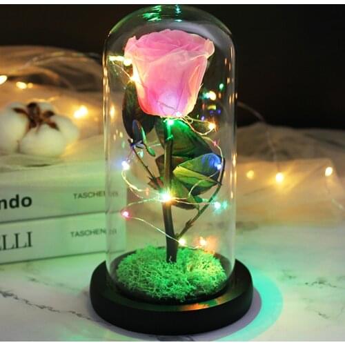 Beauty And The Beast Red Rose In Flask Glass Dome Flashing colorful LED For Christmas Gift Home Table Decoration Eternal Flowers