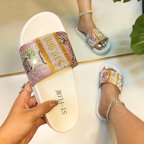 Summer Rhinestone Slippers Open Toe Outdoor Sandals Handmade Beach Shoes High Quality Plus Size 41