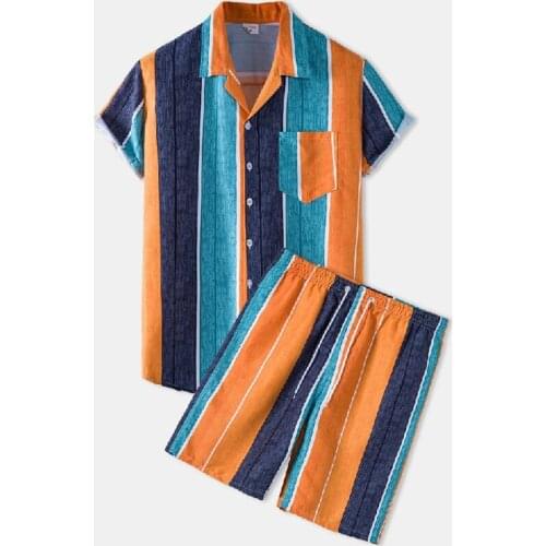 Striped Men Short Sets Summer Hawaiian Casual Print Aloha Shirt Set Beach Holiday Shorts Streetwear 2 Pcs Oversize Mens Suit