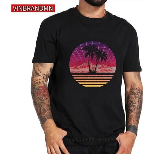Retro 80s Outrun Sunset Palm Tree Silhouette Tshirt Original Manga Men T-Shirt Fashion Hotline Miami T Shirt Pure Cotton Top Tee