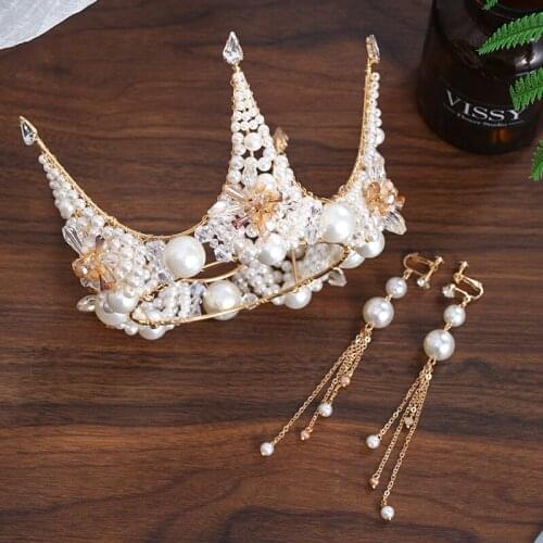 Luxury handmade pearl exquisite queen crown&earrings sets bridal headdress wedding dress accessories super fairy birthday crown