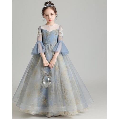 Luxury Children Girl Dress Birthday Party Piano Catwalk Lace Evening Gown Kids Pageant Flare Sleeve Dress For Girl Vestidos L160