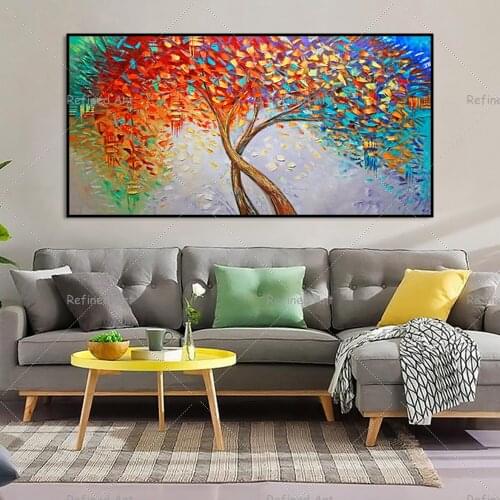 Modern Abstract Palette Knife Red Fortune Tree Flower Canvas Oil Painting Landscape Banner Living Room Home Wall Art Decoration