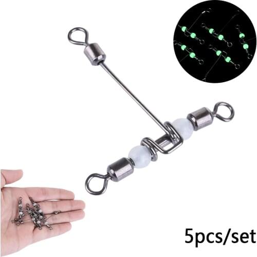 5PCS/set Fishing Swivels Luminous T-shape 3 Way Fishhooks Connector Cross Line Rolling With Pearl Beads Splitter Fishing Tools