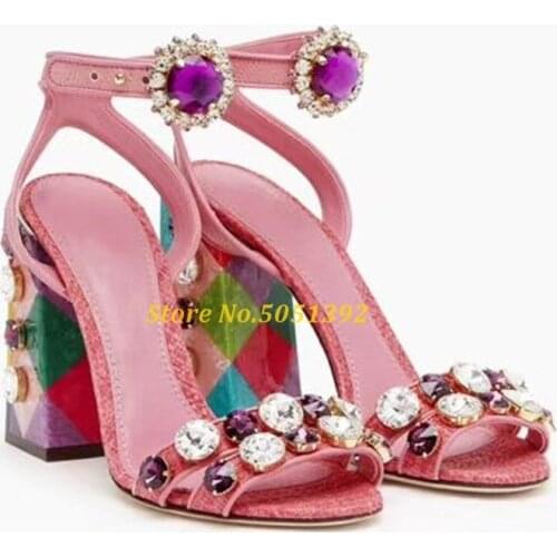 Crystal Chunky Heel Sandals Front Rear Strap Candy Color Cut Out Open Toe Summer Ladies Shoes New Arrivals Fashion Luxury Sandal