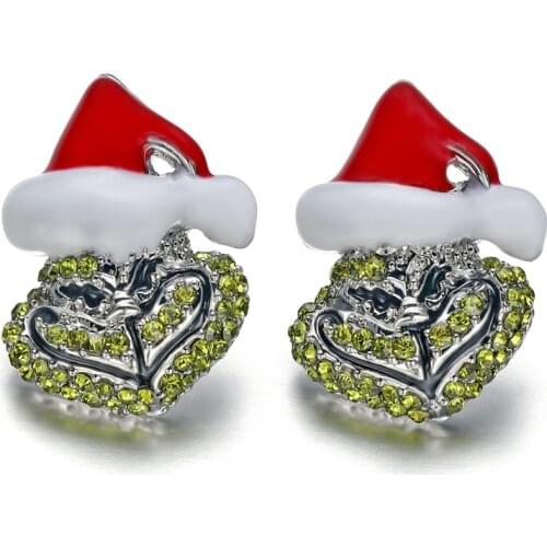 Grinch Santa Stud Earrings Full Rhinestones Christmas Earrings for Women Red Green Enamel Cartoon Party Jewelry New Year Gift
