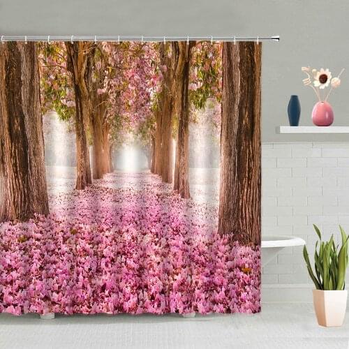 Spring Scenery Shower Curtain Green Forest Cherry Blossom Flowers Ocean Romantic Dream Landscape Bathroom Screen Washable Hooks