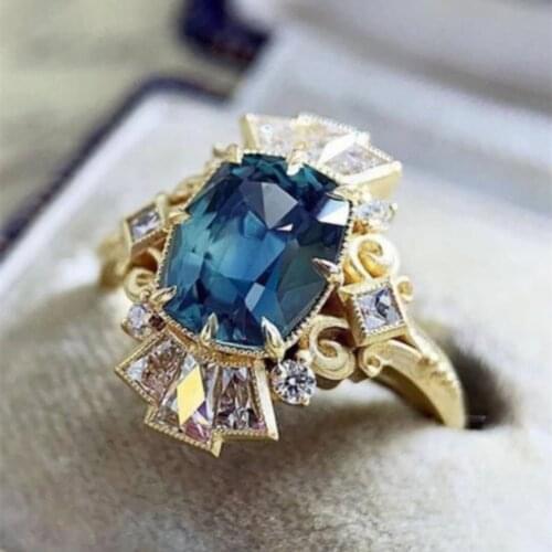 Blue CZ Prong Setting Ring For Woman Cocktail Party Jewelry Gold Color Band Micro Stone Accessories Birthday New Years Gifts