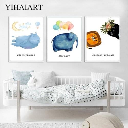 Nordic Animal Hand Drawing Canvas Posters Blue Elephant Ballon Pictures Wall Art Print Paintging Baby Nursery Bedroom Decoration