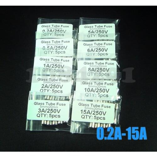 50pcs 10Values Fast Quick Blow Glass Tube Fuses Assortment Kit 5x20mm 0.2A 0.5A 1A 2A 3A 5A 6A 8A 10A 15A/250V