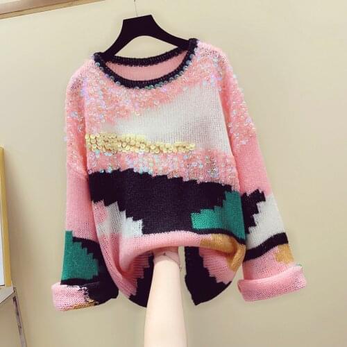 Sequined Sweater Women Oversize Sweaters Coat Womens 2020 Fall New Pattern Color Loose Bell Sleeve Lazy Wind Jumper Pullovers