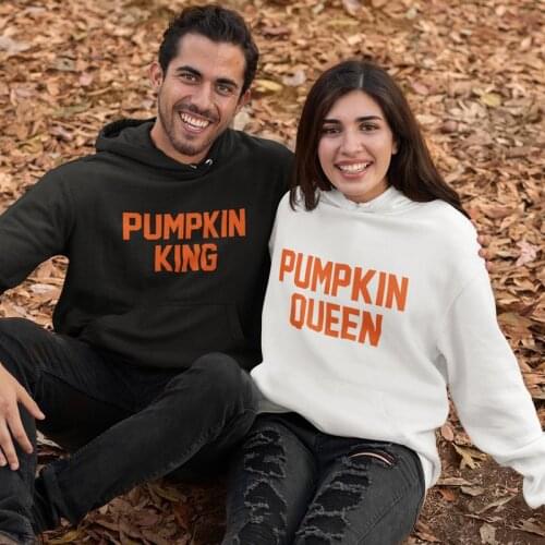 Pumpkin King And Pumpkin Queen Hoodie Funny Halloween Fall Hooded Sweatshirts Casual Unisex Long Sleeve Matching Couples Sweater