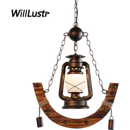 Vintage Metal Pendant Lamp Retro Glass Barn Lantern Suspension Light Hotel Cafe Bar Living Dining Room Creative Bamboo Lighting