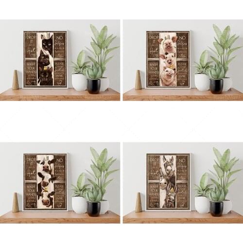 Funny goat, black cat, cow, pig, donkey bathroom rule poster, bathroom wall art, farmhouse bathroom wall decoration art print