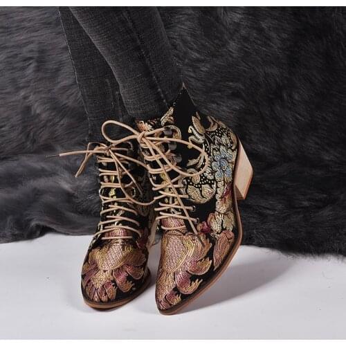 Retro Bohemian Women Boots Printed Ankle Vintage Motorcycle Booties Ladies Shoes Woman 2021 New Embroider High Heels Boots