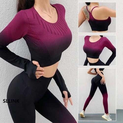 Ombre Yoga Set Seamless Suit Women Fitness outfit Workout Long Sleeve Top Leggings Gym Clothing Sportswear Sports Suits