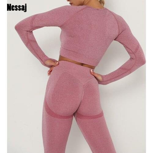 Nessaj Women Seamless Fitness Sports Two-Piece Set 2020 Long Sleeve Top High Waist Running Leggings Workout Slim Gym Outfit