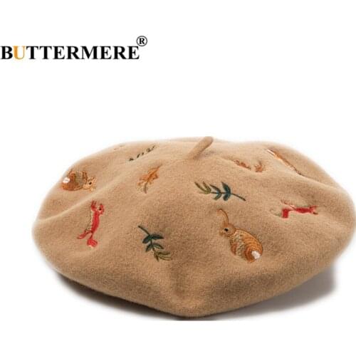 BUTTERMERE Winter Hats for Women Wool Beret Hat Female Camel Pink Rabbit Squirrel Leaf Embroidery Vintage Ladies Mushroom Hat
