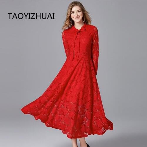 TAOYIZHUAI 2019 New Arrival Autumn Sweet Style Plus Size L Red Bow Dress Full Sleeves Ankle length A-Line Women Lace Dress 14218