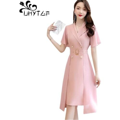 UHYTGF Womens summer dress 2020 fashion Double breasted pullover elegant dresses for women Suit collar chiffon bandage dress 970