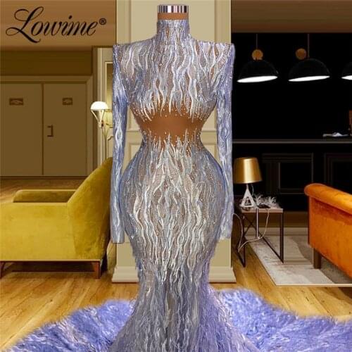 Lowime Luxury Feathers Long Mermaid Evening Dresses Illusion Pearls Beading Couture Celebrity Dress Prom Dubai Party Gowns Robes