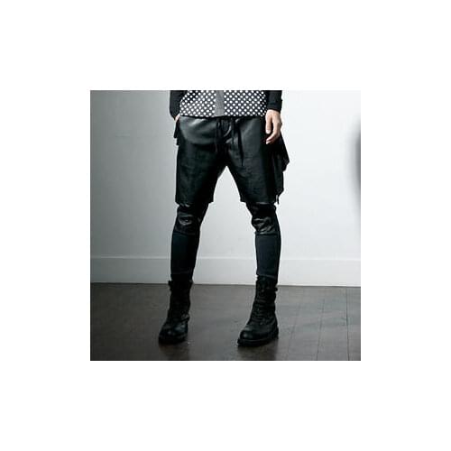 27~44! 2016 Mens clothing double layer pants PU patchwork knitted double layer taoku faux two piece pants Singer costumes