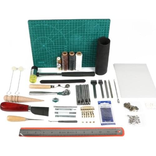 61Pcs/Set Hi-Quality DIY Leather Craft Tools Set Thread Awl Waxed Thimble Stamping Handmade Hole Punch Stitching Sewing Cutting