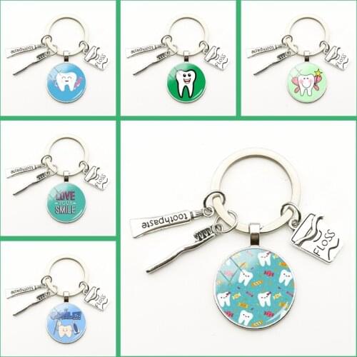Cute Dentist Keychain Clean Teeth Floss Box Pendant Key Ring Toothpaste Toothbrush Charm Bag Fashion Key Chains Gift Men Women